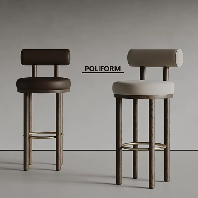 Poliform Modern Bar Stools With Dark Brown And Cream White Leather Seats Wooden Legs Design 3d model