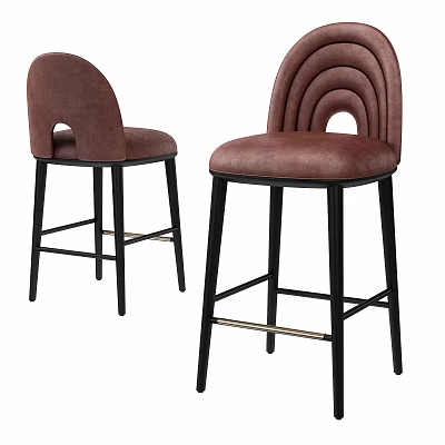 Brown Leather Bar Stools With Curved Hollow Back And Black Slim Metal Legs 3d model