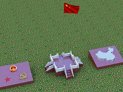 Chinese national flag displayed with China map building model and Party symbol 3d model