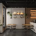 Cozy Cafe Interior With Hanging Plants Wooden Shelves Dark Tiled Floor And Framed