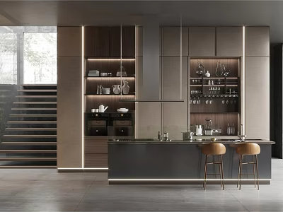 Modern Restaurant Kitchen With Open Design Island Counter Cabinets And Bar Stools 3d model