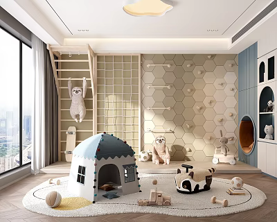 Modern Playroom With Sloth Toys Playhouse Climbing Net And Hexagonal Wall 3d model