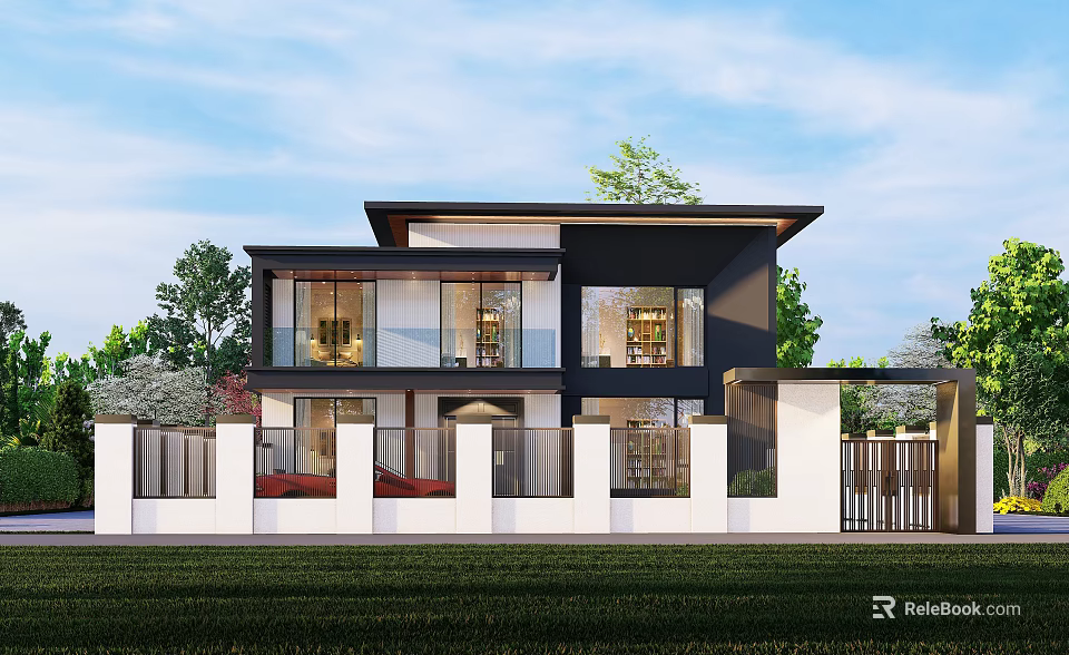 Modern Two Story Detached Villa Exterior With Black White Facade Large Glass Windows And Greenery 3d model 