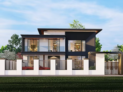 Modern Two Story Detached Villa Exterior With Black White Facade Large Glass Windows And Greenery 3d model