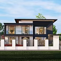 Modern Two Story Detached Villa Exterior With Black White Facade Large Glass Windows And Greenery