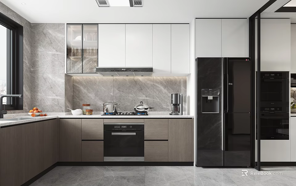 Modern Kitchen Interior With White Cabinets Black Refrigerator And Marble Backsplash 3d model