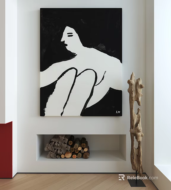 Abstract Black And White Human Figure Painting Hanging On Wall With Firewood And Wooden Sculpture 3d model 