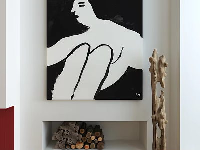 Abstract Black And White Human Figure Painting Hanging On Wall With Firewood And Wooden Sculpture 3d model