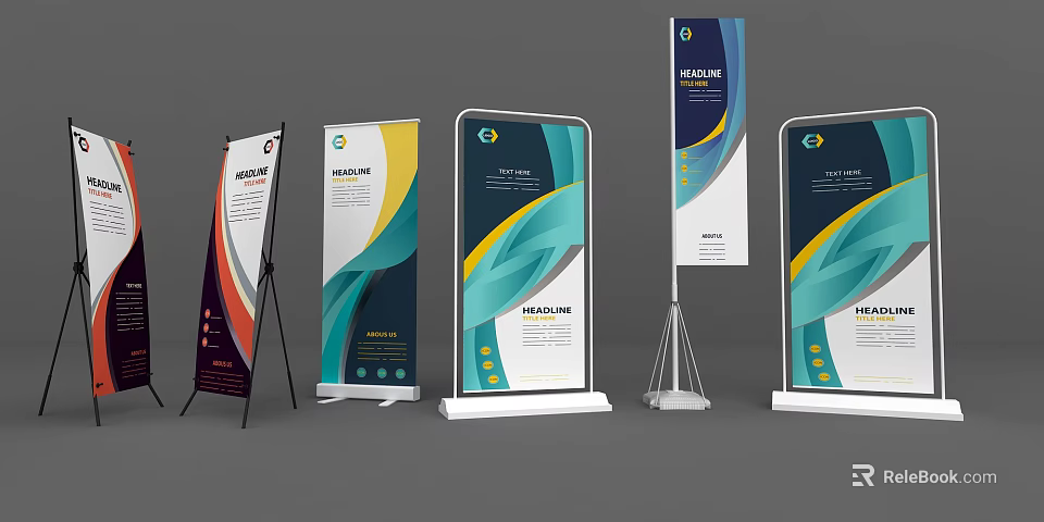Modern Promotional Display Stands With Colorful Patterns Vertical Structure And Information Panels 3d model 