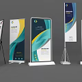 Modern Promotional Display Stands With Colorful Patterns Vertical Structure And Information Panels