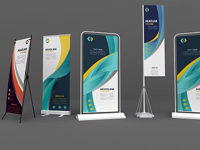 Modern Promotional Display Stands With Colorful Patterns Vertical Structure And Information Panels 3d model