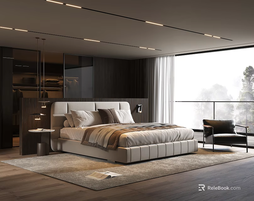 Modern Bedroom Interior Design With Large Bed White Headboard Floor to Ceiling Window And Wooden Floor 3d model 