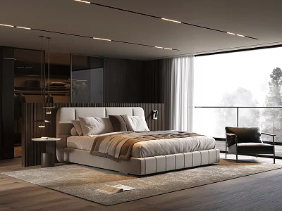 Modern Bedroom Interior Design With Large Bed White Headboard Floor to Ceiling Window And Wooden Floor 3d model