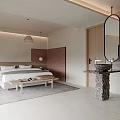 Modern Bedroom Interior With Comfortable Bed Gray Bedding Nightstand And Hanging Light Fixture
