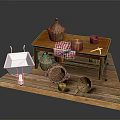 Rustic Wooden Table Setup With Baskets Clay Pots Lantern And Checkered Cloth On Wooden Floor