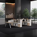 Modern Office Desk With Open Layout Multiple Workstations White And Light Wood Finish