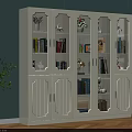 White Bookcase With Glass Doors Wooden Cabinets Books Decorations Green Wall And Wooden Floor