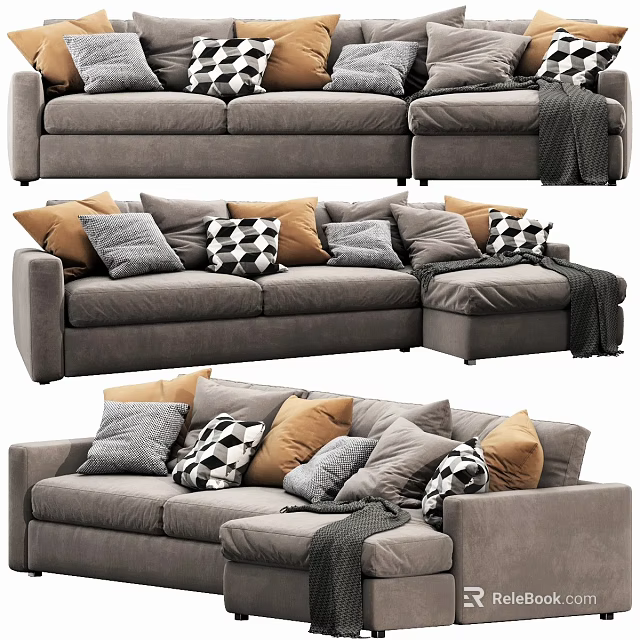 Cozy Gray Multi Person Sectional Sofa With Patterned Solid Throw Pillows And Soft Blanket 3d model
