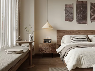 Cozy Homestay Guest Room With Wooden Headboard Beige Curtains Wall Tapestries And Soft Textiles 3d model