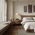 Cozy Homestay Guest Room With Wooden Headboard Beige Curtains Wall Tapestries And Soft Textiles