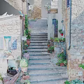 Stone Staircase In Historic Village With Old Stone Buildings And Potted Plants 3d model