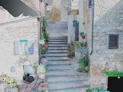 Stone Staircase In Historic Village With Old Stone Buildings And Potted Plants 3d model