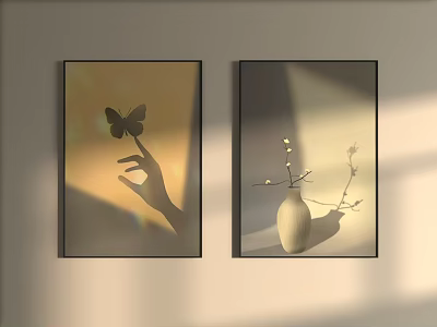 Plant Painting Wall Art With Vase And Flower Branch Soft Light Shadow Decor 3d model