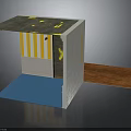 Furniture Cabinet With Yellow Stripes Brown Door Yellow X Mark Blue Base And Gray Top