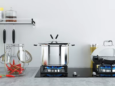 Modern Kitchen Gas Stove With Stainless Steel Pot Red Chili Peppers And Glass Jar 3d model
