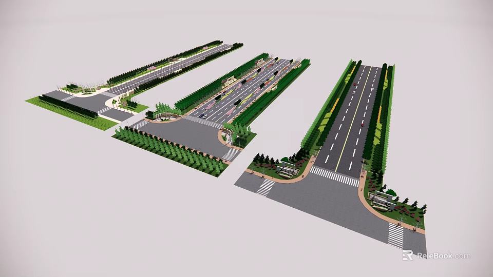 Municipal Road Design With Multiple Lanes Green Belts And Traffic Markings 3d model 
