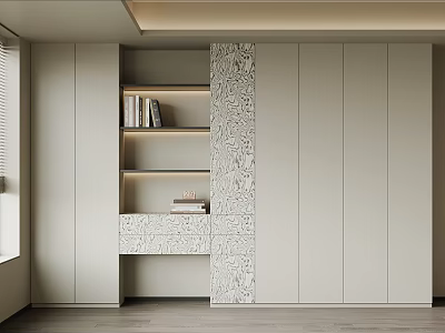 Modern Light Colored Bookcase With Open Shelves Closed Cabinets And Decorative Panel 3d model