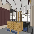 Modern Café Interior With Burgundy Wall Wooden Counter Large Windows And Curved Lighting