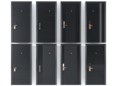Black Security Doors With Various Designs And Golden Handles For Home Safety 3d model
