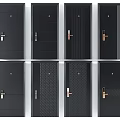 Black Security Doors With Various Designs And Golden Handles For Home Safety
