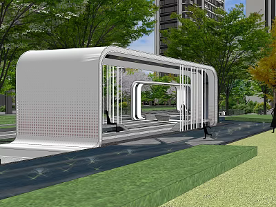 Modern White Pergola With Perforated Design And Green Urban Park Setting 3d model