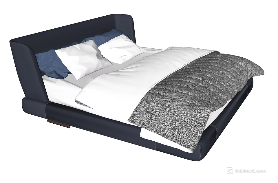 Double Bed with Dark Blue Upholstered Headboard White Sheets Gray Blanket and Pillows 3d model