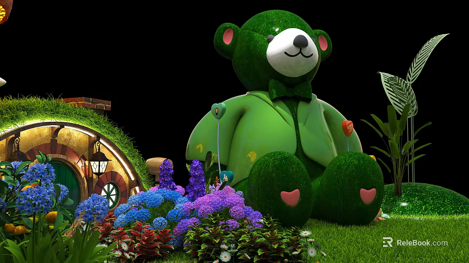 Large Green Teddy Bear In Garden With Round Door Cottage Colorful Flowers And Heart Patterns 3d model 