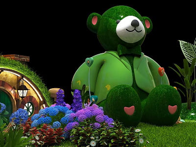 Large Green Teddy Bear In Garden With Round Door Cottage Colorful Flowers And Heart Patterns 3d model