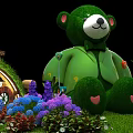 Large Green Teddy Bear In Garden With Round Door Cottage Colorful Flowers And Heart Patterns