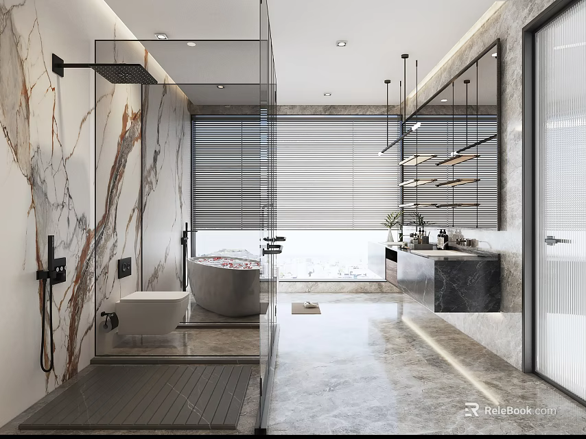 Modern Bathroom Interior Design With Marble Walls Bathtub Shower Area And Large Mirror 3d model 