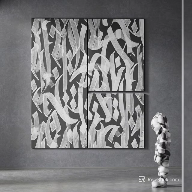 Black And White Abstract Painting With Four Panels On Gray Wall Near Sculpture 3d model 