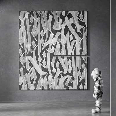 Black And White Abstract Painting With Four Panels On Gray Wall Near Sculpture 3d model