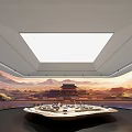 Elegant Interior Space With Circular Dining Table Skylight Chinese Landscape Mural And Ancient Architecture 3d model