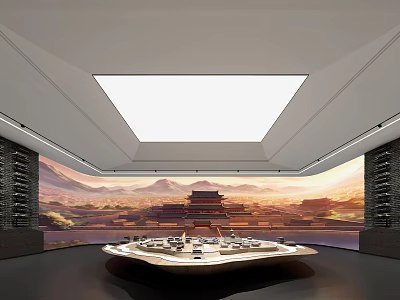 Elegant Interior Space With Circular Dining Table Skylight Chinese Landscape Mural And Ancient Architecture 3d model