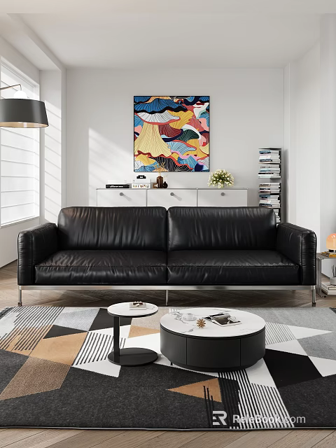 Black Leather Three Seater Sofa With Metal Legs In Modern Living Room With Abstract Art 3d model 