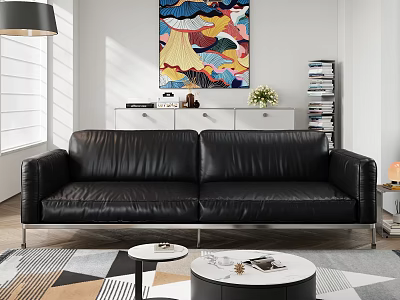 Black Leather Three Seater Sofa With Metal Legs In Modern Living Room With Abstract Art 3d model