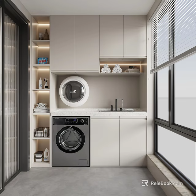 Functional Home Balcony with Washing Machine White Cabinets Sink and Window Blinds 3d model 