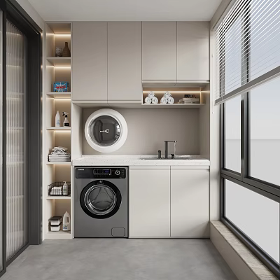 Functional Home Balcony with Washing Machine White Cabinets Sink and Window Blinds 3d model