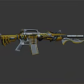 Ornate Assault Rifle With Gold Blue Accents And Shiny Metallic Finish