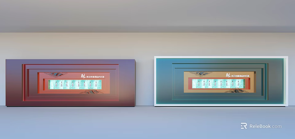 Stylish Background Wall With Red Blue Gradient Decorative Panels And Usantiago Text 3d model